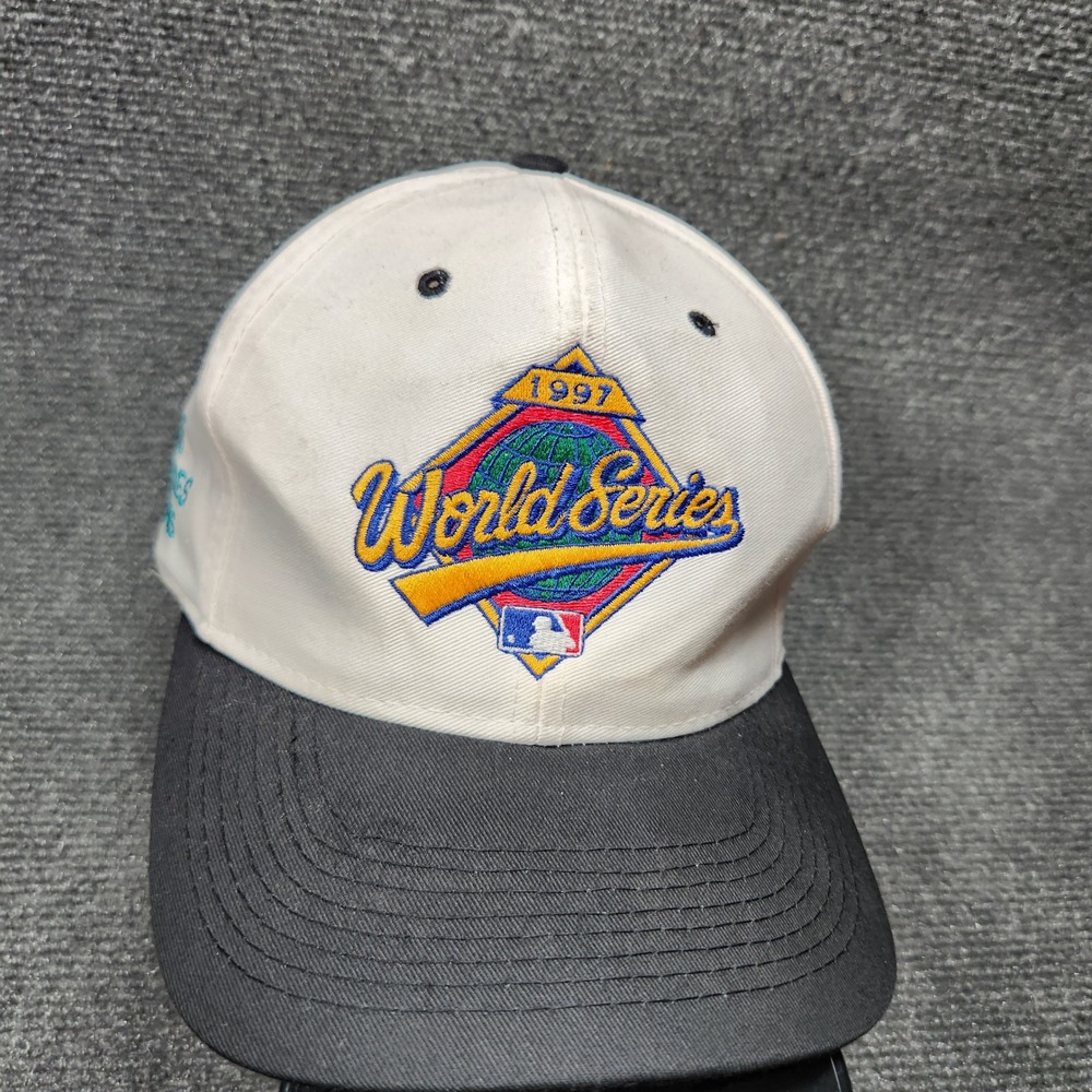 Vintage 1997 World Series Florida Marlins Logo 7 Snapback Hat White Black MLB 90